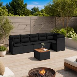 7 Piece Garden Sofa Set Outdoor Patio Furniture Black Poly Rattan with Cushions