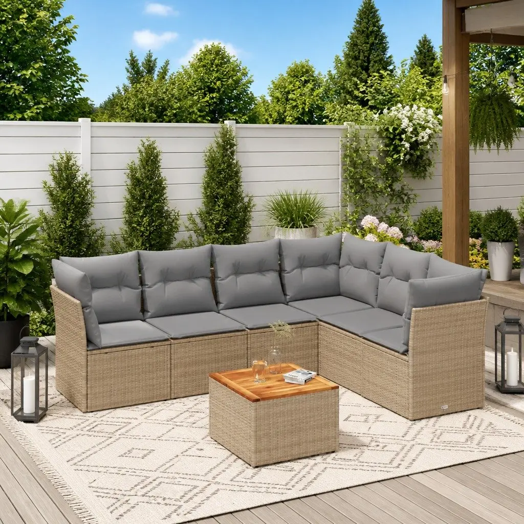 Garden Sofa Set 7 Piece Outdoor Furniture Beige Poly Rattan Patio Seating with