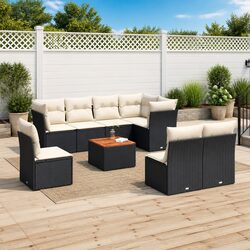 Outdoor Garden Sofa Set 9 Piece Black Poly Rattan Patio Furniture with Cushions