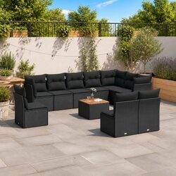 Garden Sofa Set 11 Piece Outdoor Furniture with Storage Cushions Black Rattan