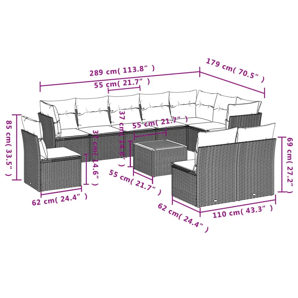 Garden Sofa Set Grey Poly Rattan 11 Piece Outdoor Furniture with Cushions