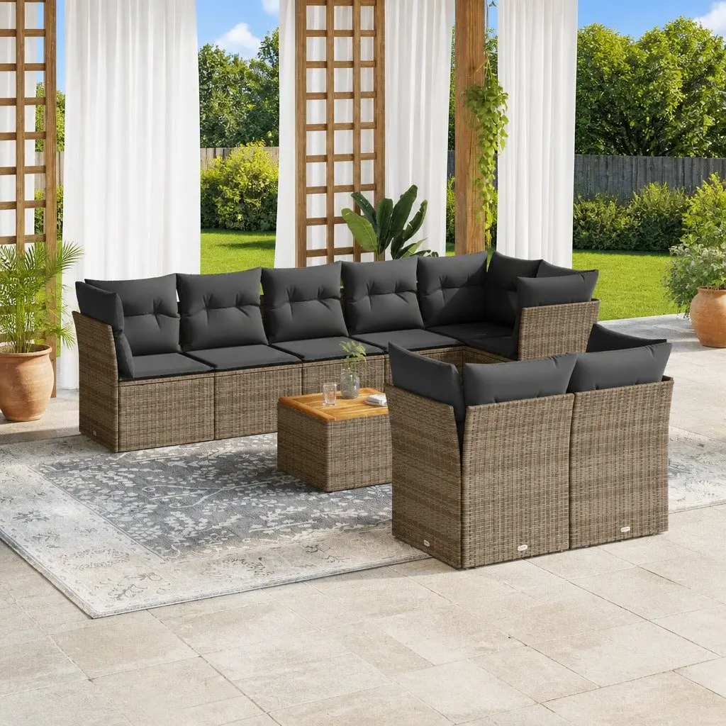 9 Piece Outdoor Garden Sofa Set Grey Poly Rattan Modular Furniture with Cushions