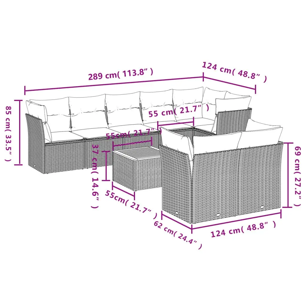 9 Piece Outdoor Garden Sofa Set Grey Poly Rattan Modular Furniture with Cushions