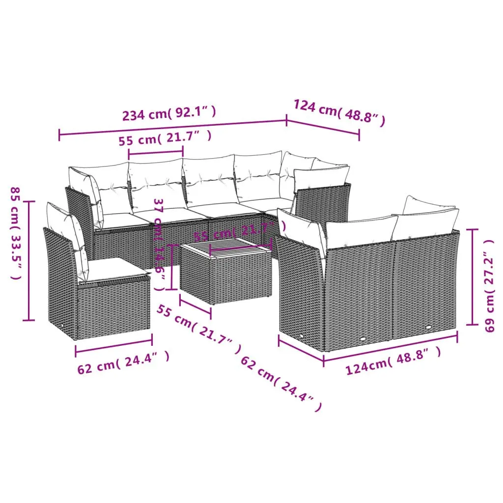 Garden Sofa Set 9 Piece Outdoor Furniture Grey Poly Rattan Modular Patio