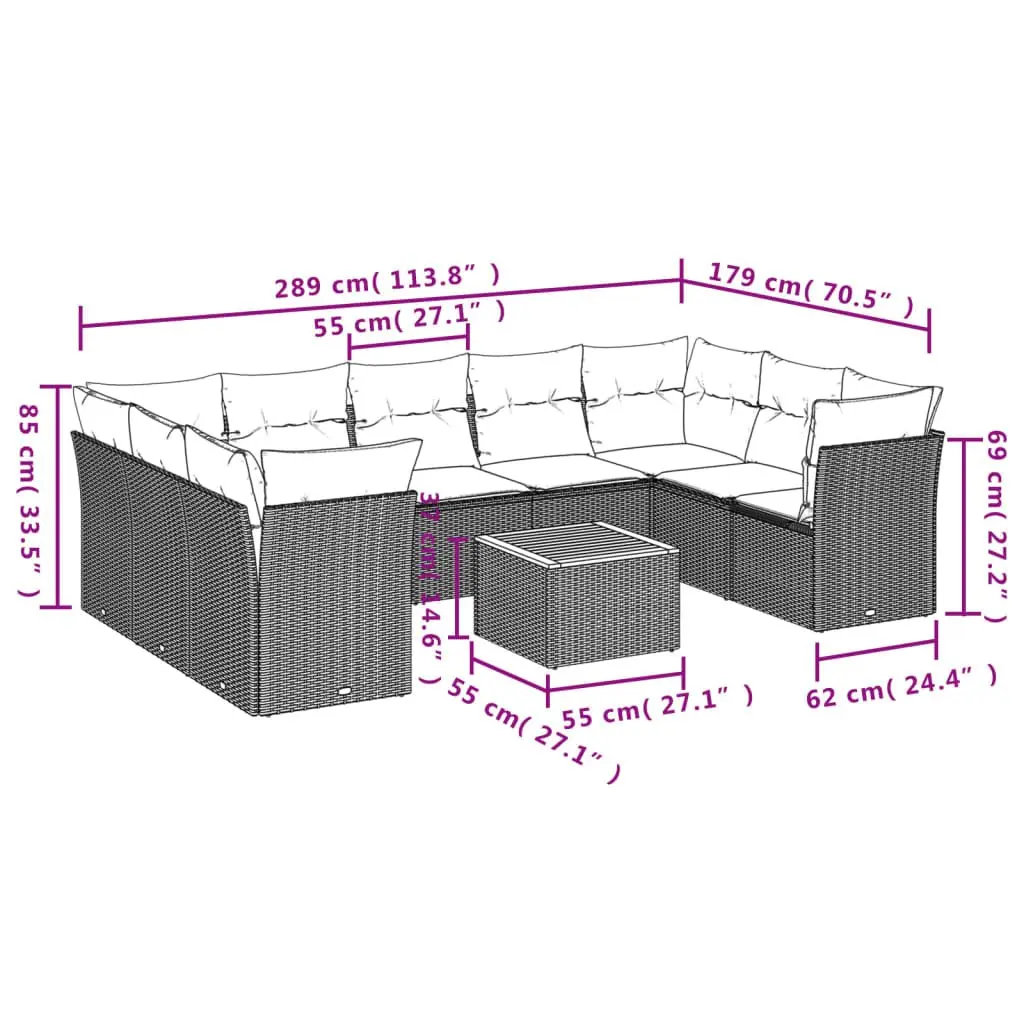 Garden Sofa Set 10 Piece Outdoor Furniture Patio Rattan Beige with Cushions