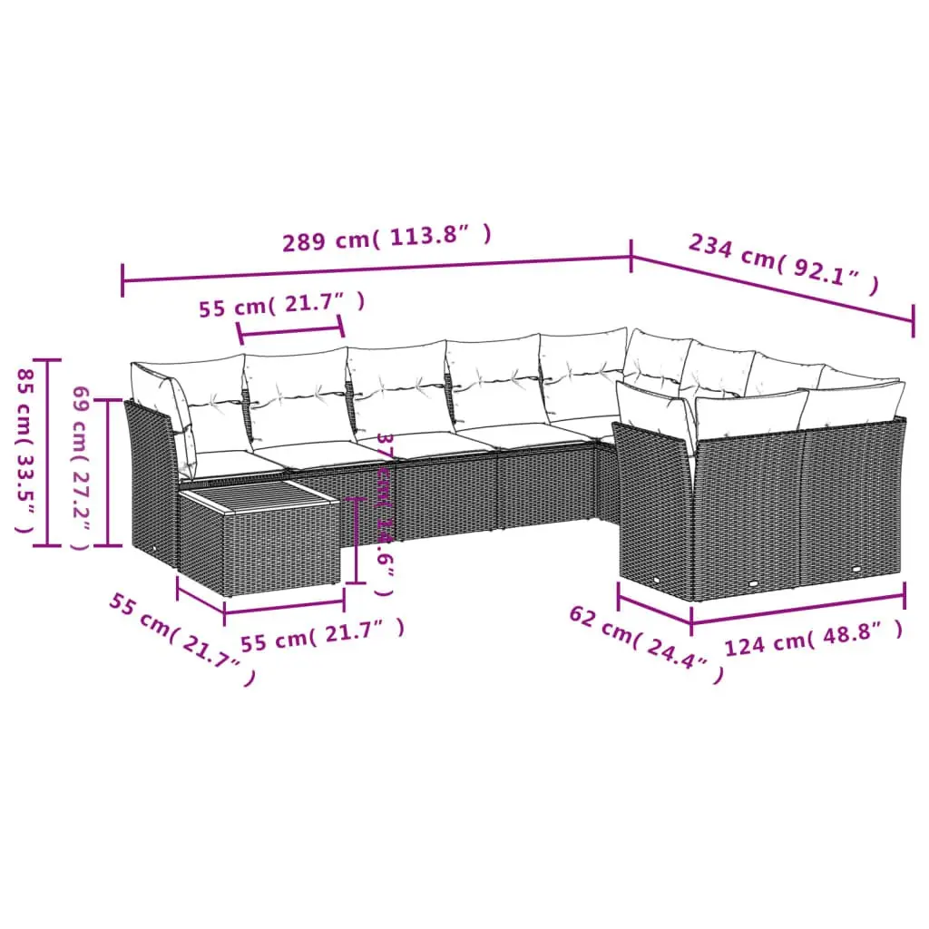10 Piece Modular Grey Poly Rattan Outdoor Sofa Set with Storage and Removable Cushion Covers for Patio and Garden