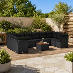 Garden Sofa Set 11 Piece Outdoor Furniture with Cushions Storage Black Poly