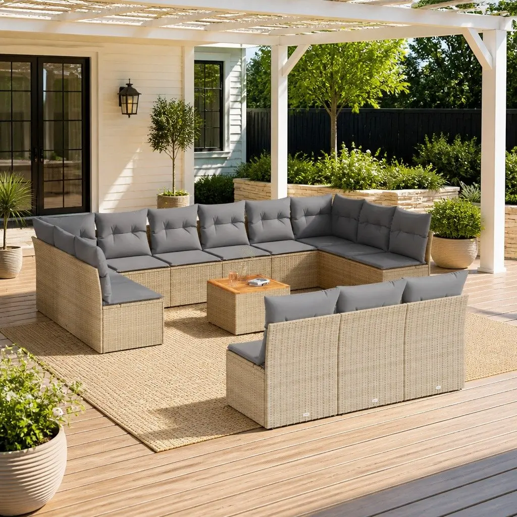 Garden Sofa Set 14 Piece Outdoor Furniture Patio Beige Poly Rattan with Cushions