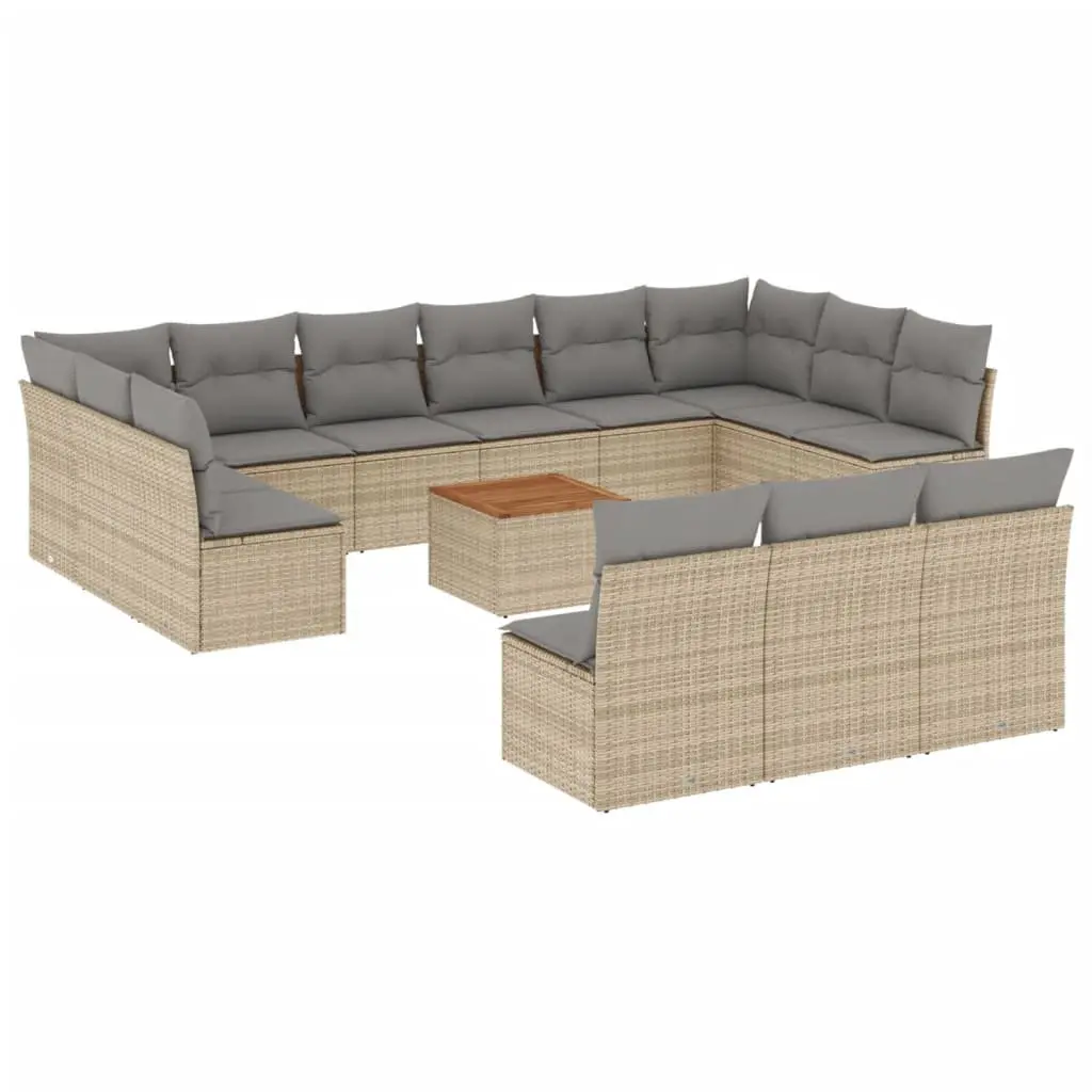 Garden Sofa Set 14 Piece Outdoor Furniture Patio Beige Poly Rattan with Cushions