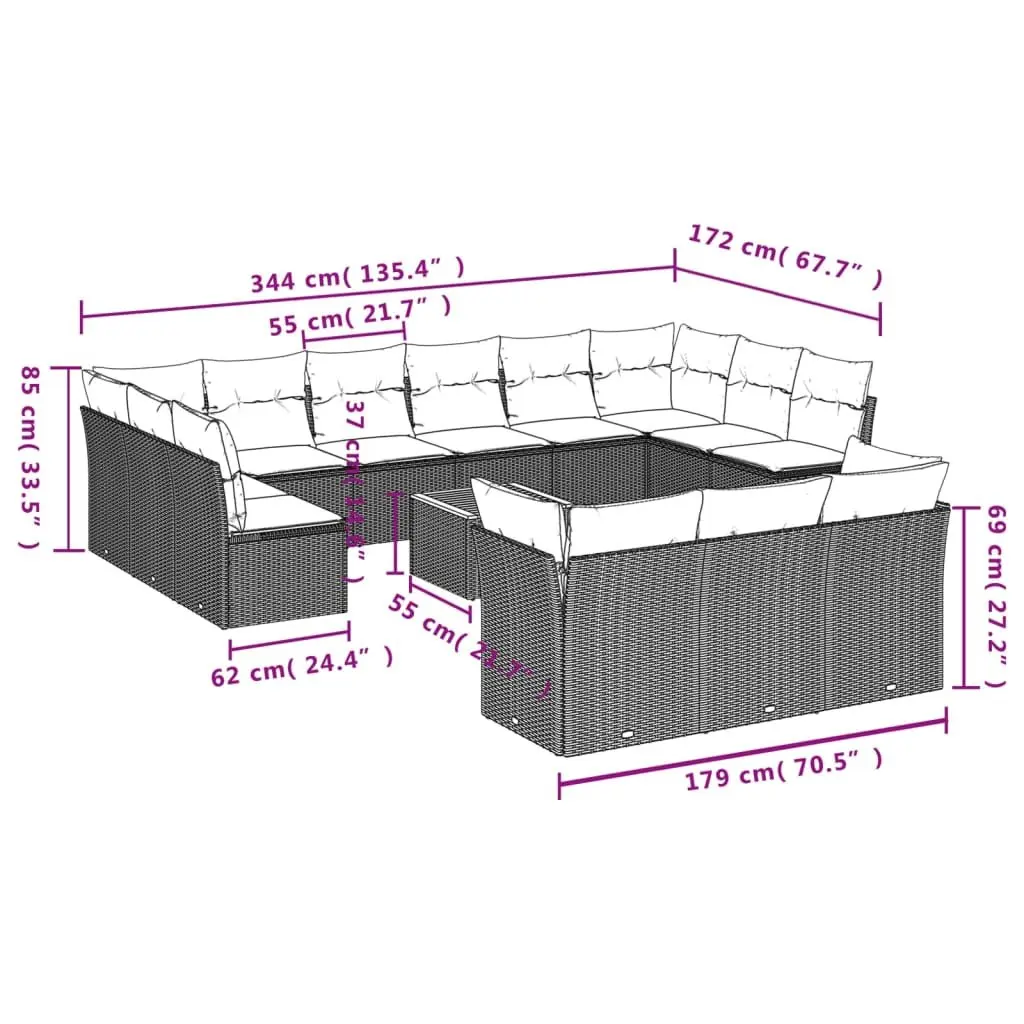 14 Piece Modular Garden Sofa Set Beige Poly Rattan Outdoor Furniture with Acacia Wood Tabletop and Removable Cushion Covers