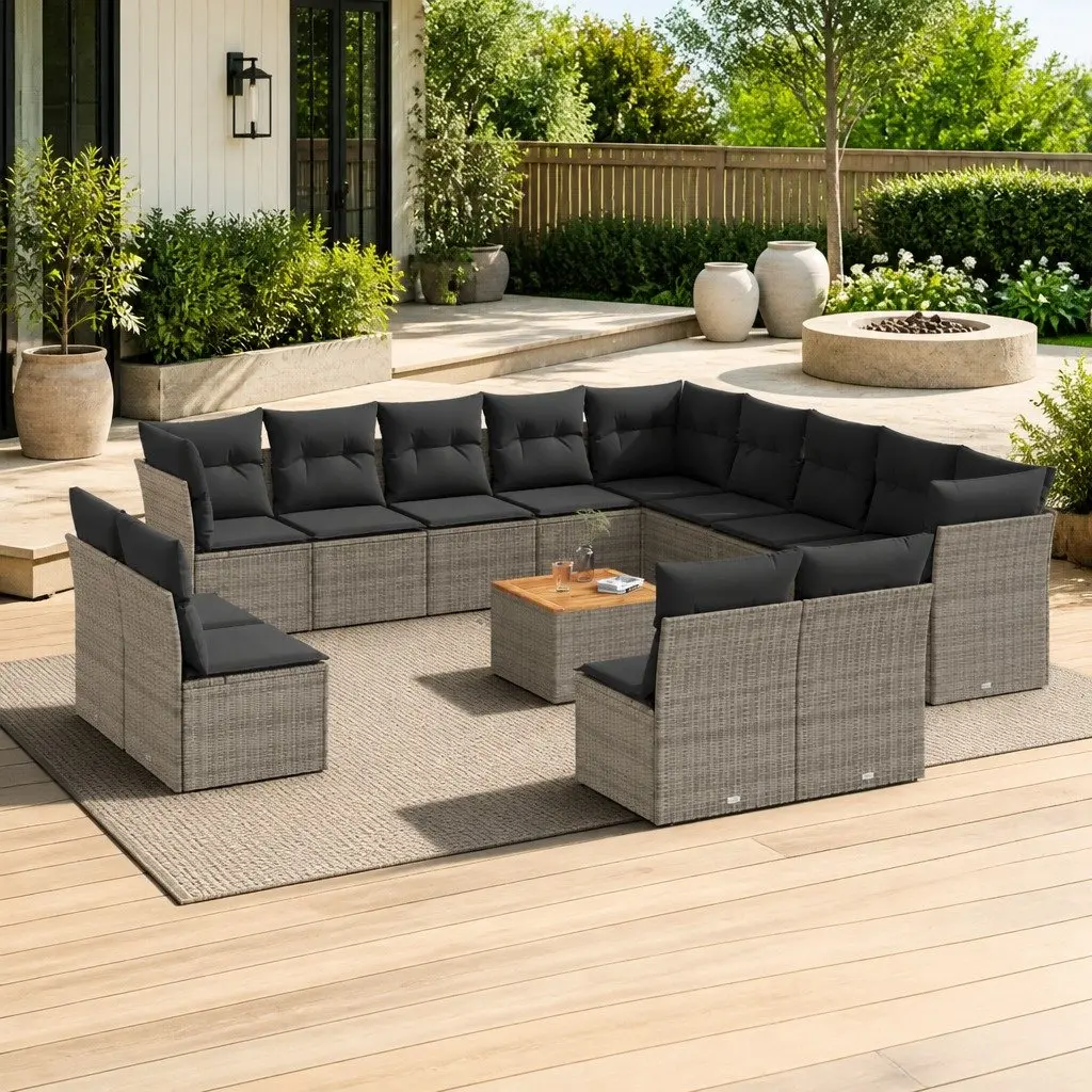 Garden Sofa Set 14 Piece Outdoor Furniture Grey Rattan with Storage Cushions