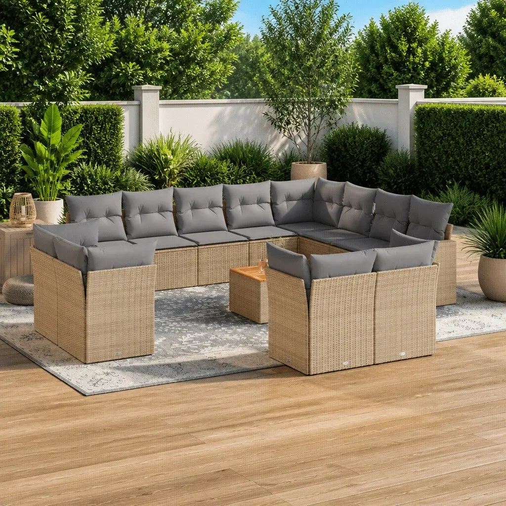 Garden Sofa Set 13 Piece Outdoor Furniture Patio Lounge Beige Poly Rattan