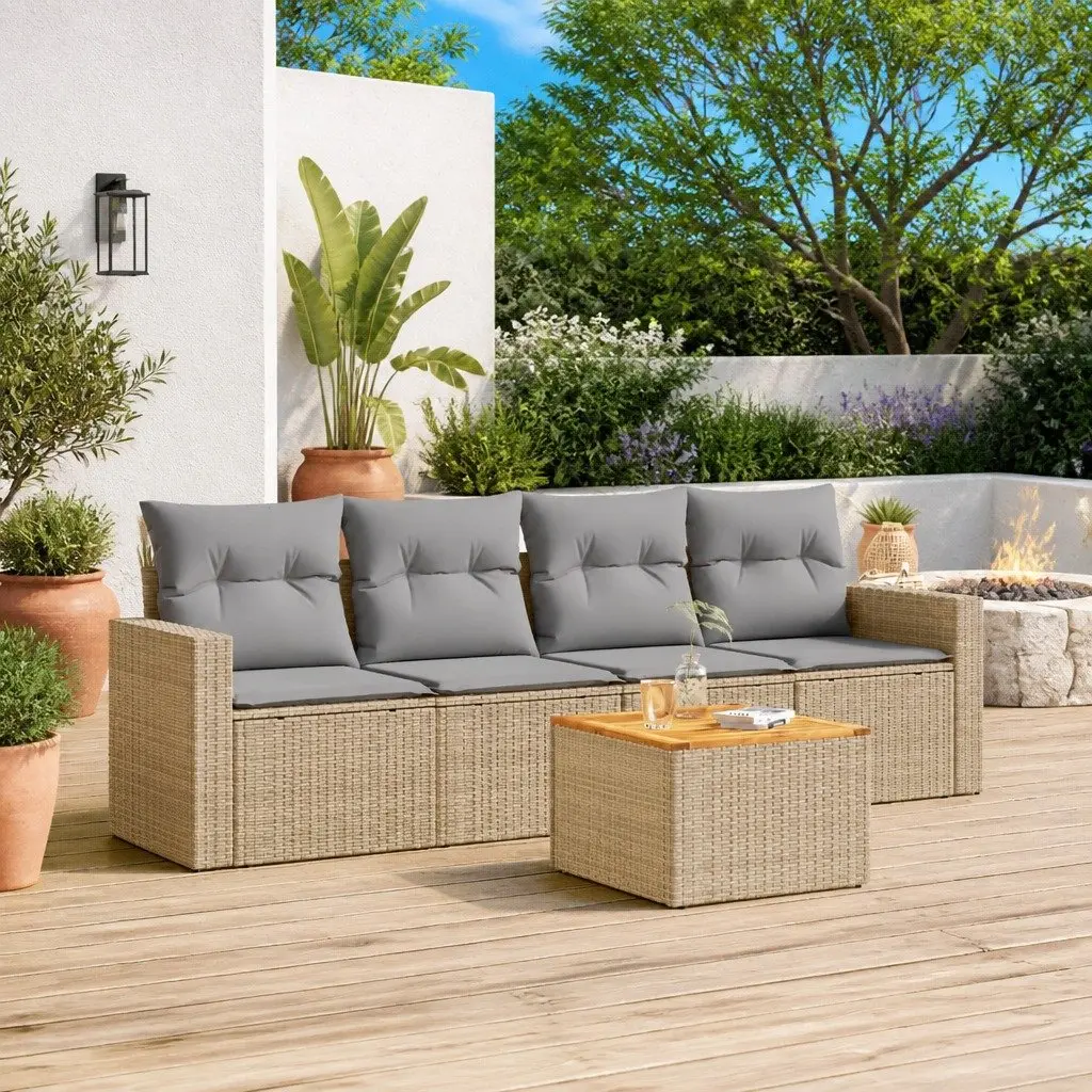 Garden Sofa Set 5 Piece Outdoor Patio Furniture Beige Poly Rattan Modular