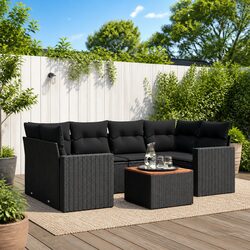 7 Piece Outdoor Garden Sofa Set Black Poly Rattan Patio Furniture with Cushions