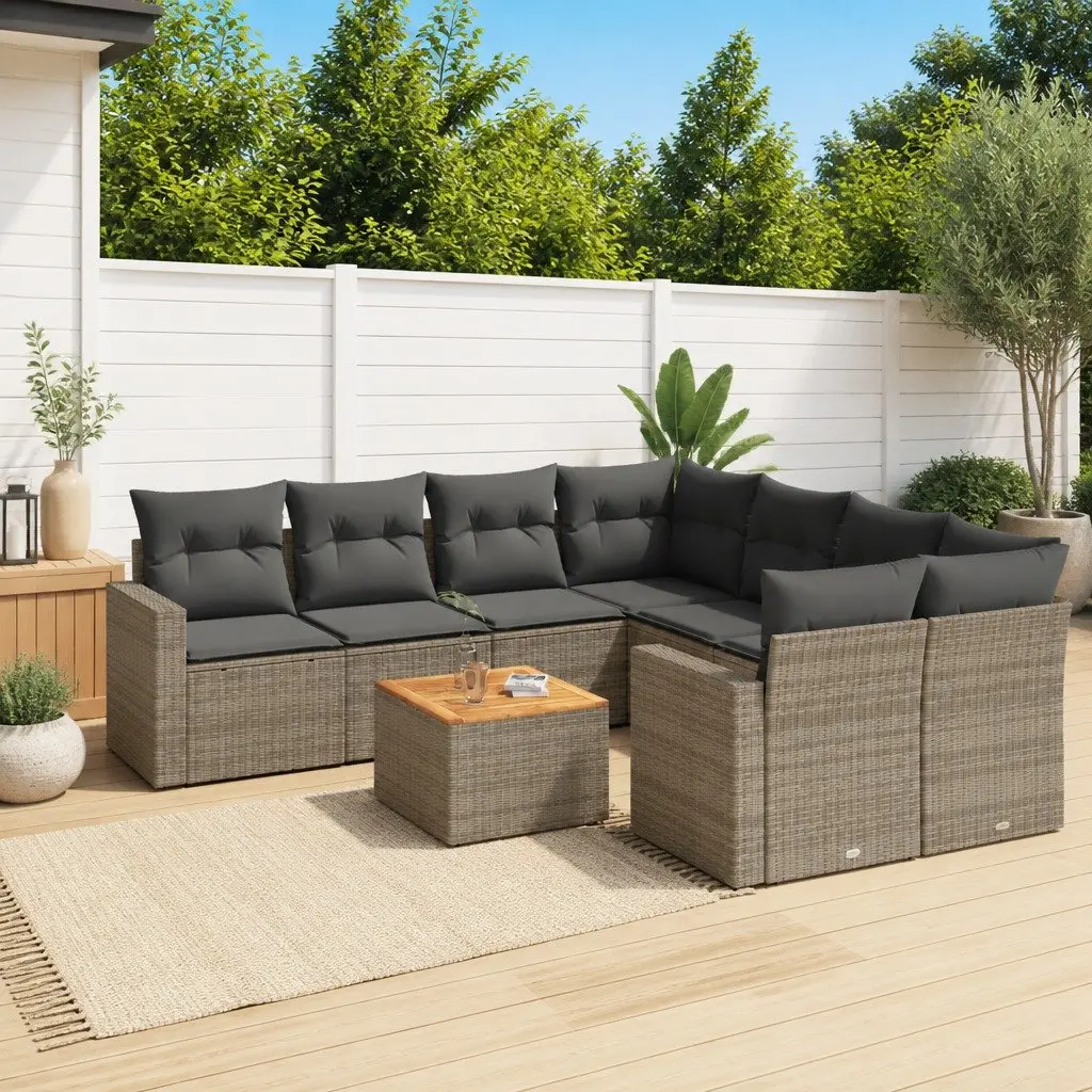 9 Piece Garden Sofa Set Grey Poly Rattan Outdoor Furniture with Cushions