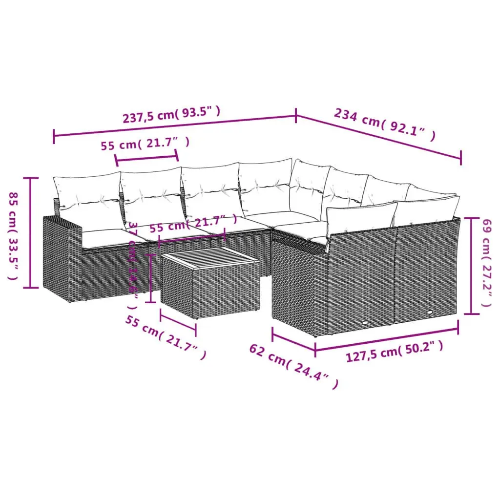 9 Piece Garden Sofa Set Grey Poly Rattan Outdoor Furniture with Cushions