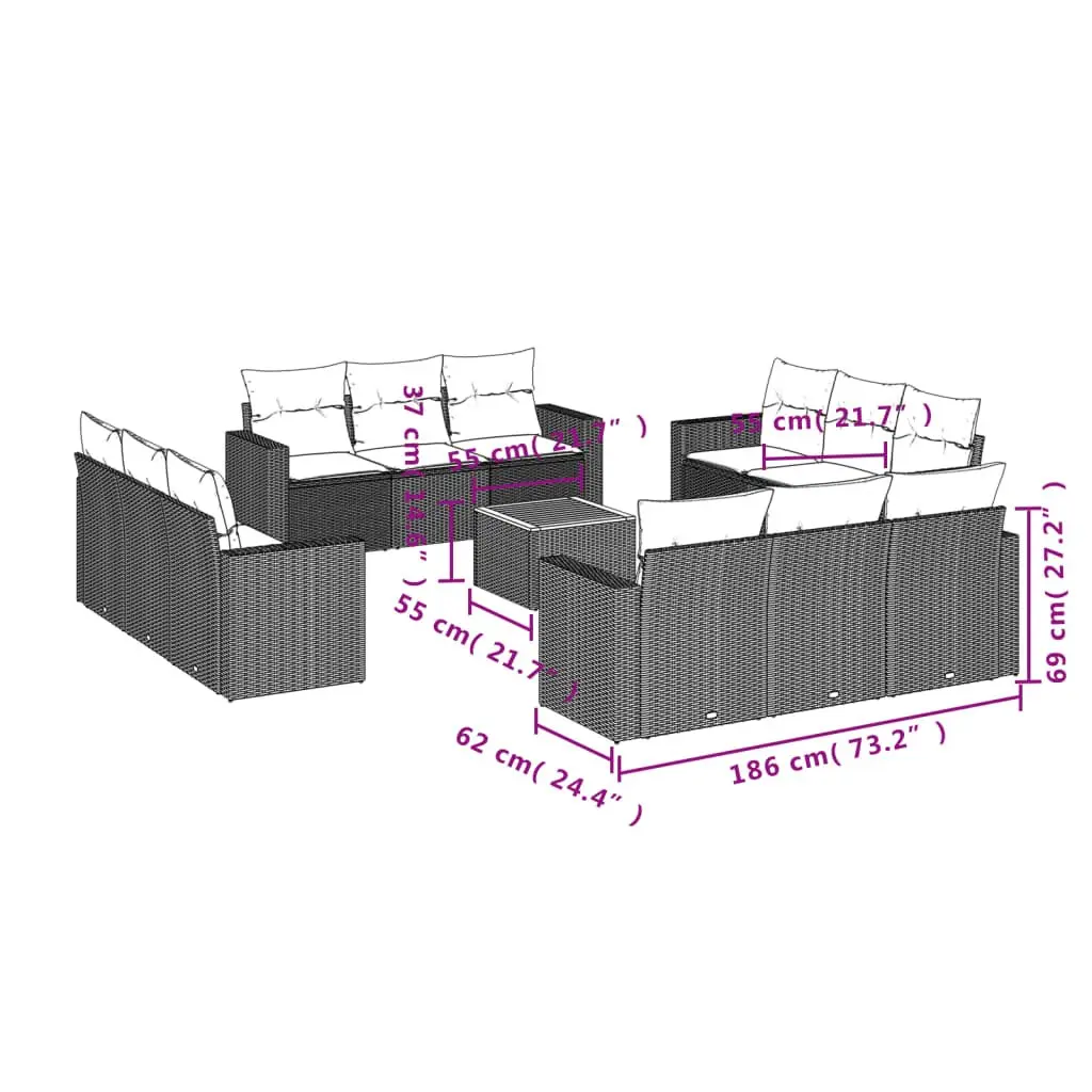 Outdoor Furniture Sectional Sofa Set 13 Piece Modular Beige Poly Rattan with Acacia Wood Table and Removable Cushions
