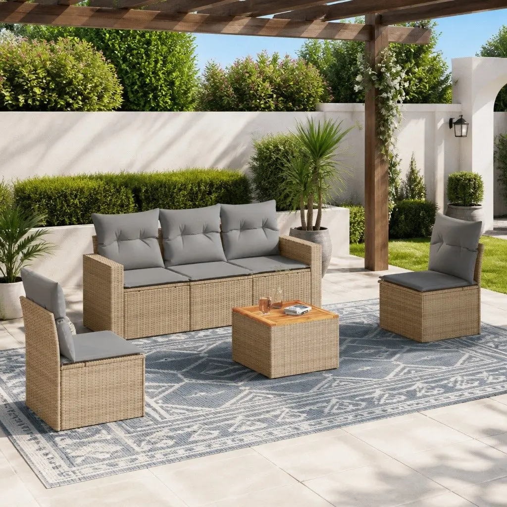 Garden Sofa Set 6 Piece Outdoor Furniture Patio Beige Poly Rattan with Cushions