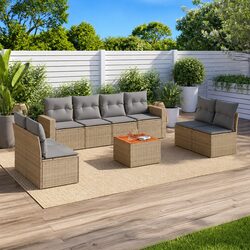 Garden Sofa Set 9 Piece Outdoor Furniture Poly Rattan Beige Cushions Modular