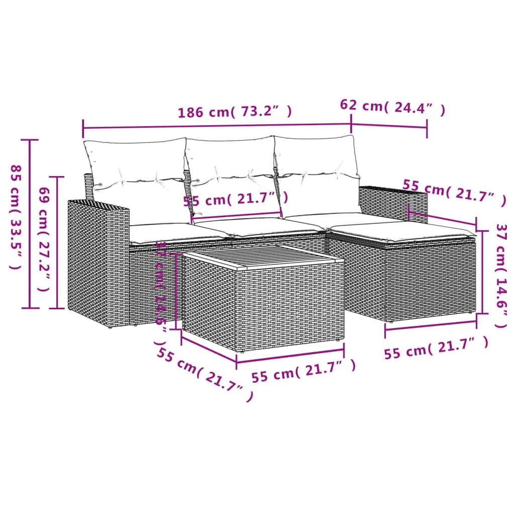 5 Piece Outdoor Garden Sofa Set with Storage Footstool Grey Poly Rattan