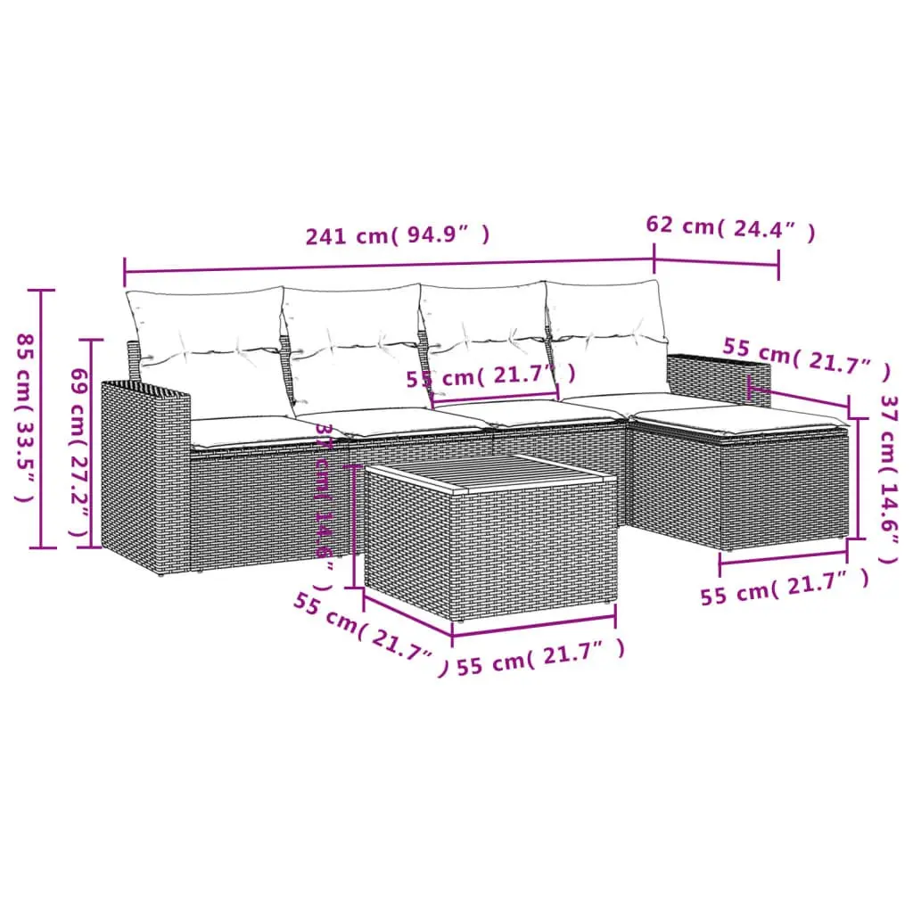 Garden Sofa Set 6 Piece Outdoor Furniture Grey Poly Rattan Modular Patio Lounge