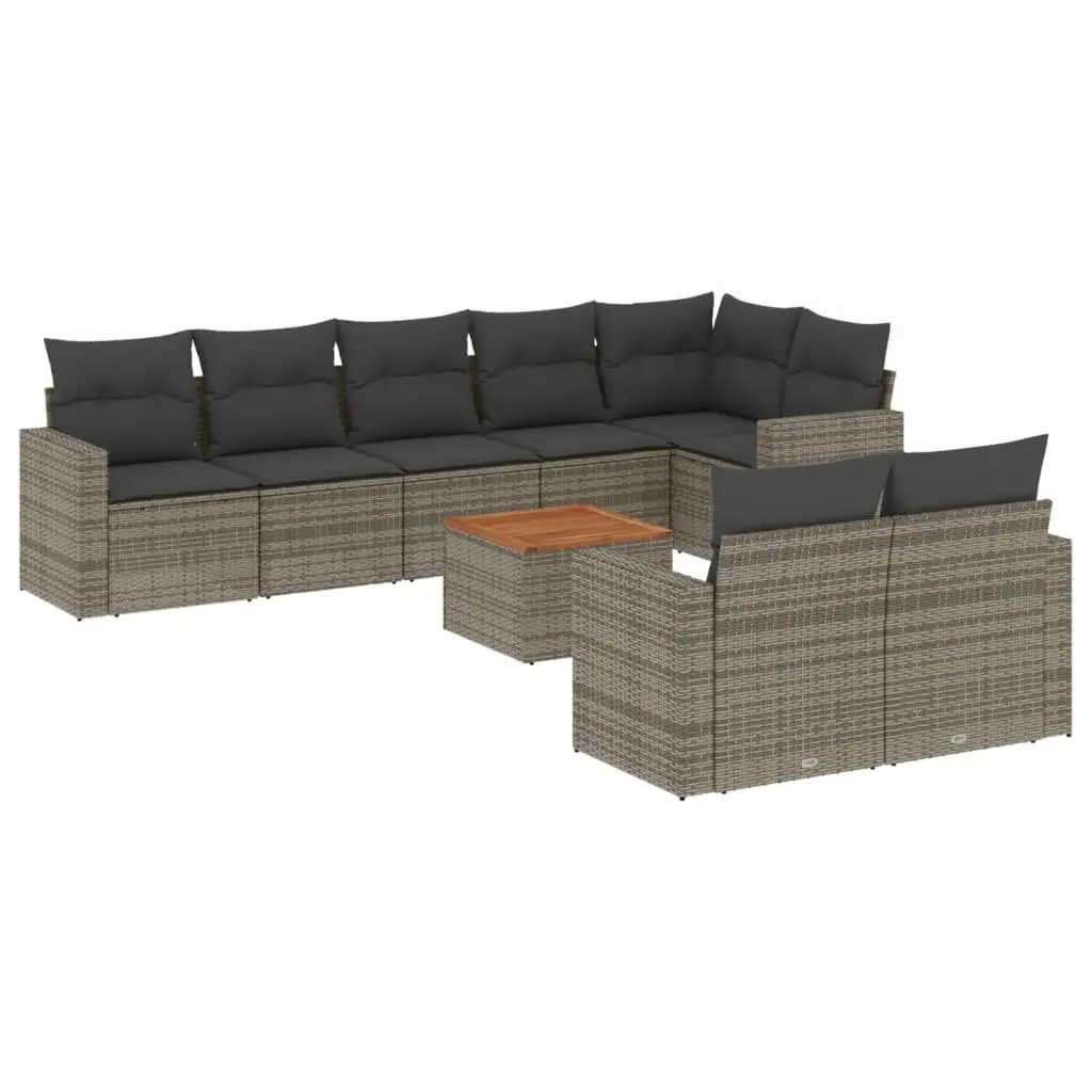 9 Piece Outdoor Patio Furniture Set Grey Rattan Modular Sofa with Cushions and Acacia Wood Tabletop
