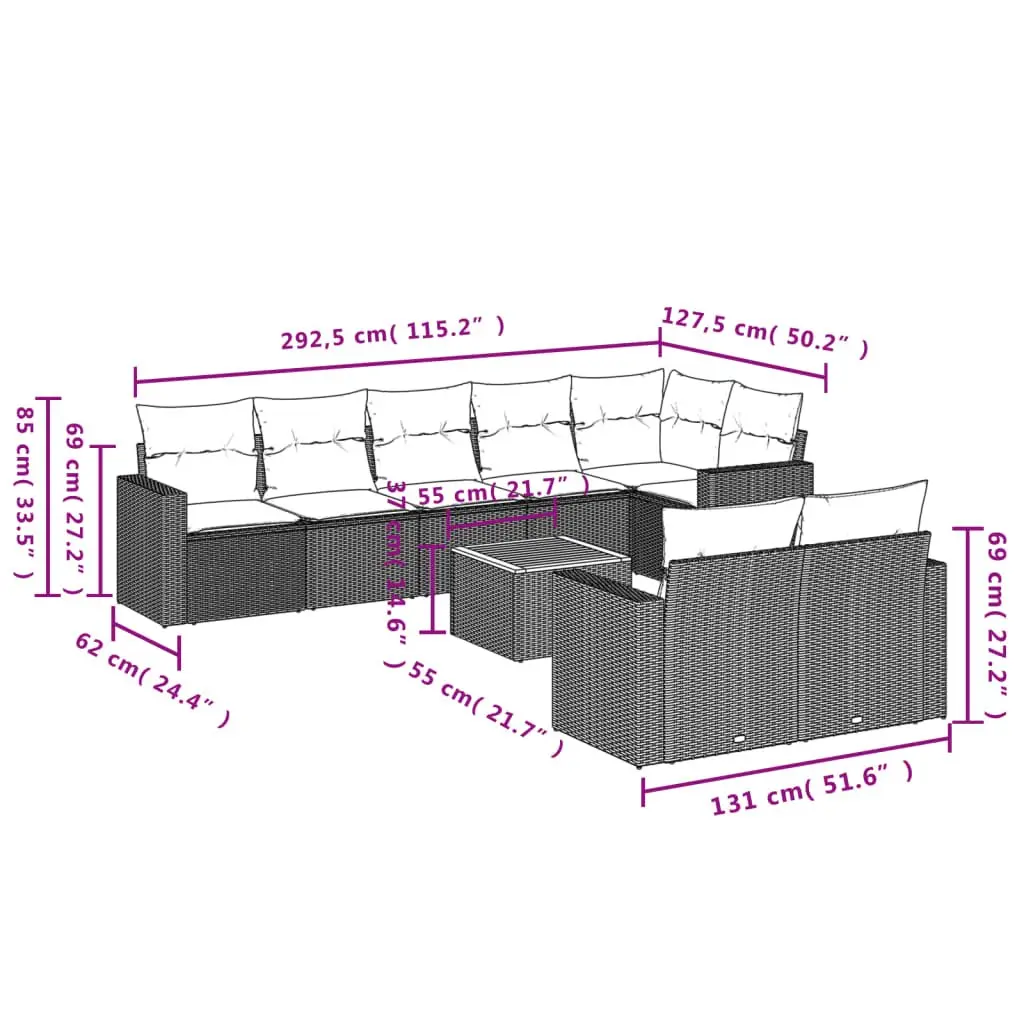 9 Piece Outdoor Patio Furniture Set Grey Rattan Modular Sofa with Cushions and Acacia Wood Tabletop