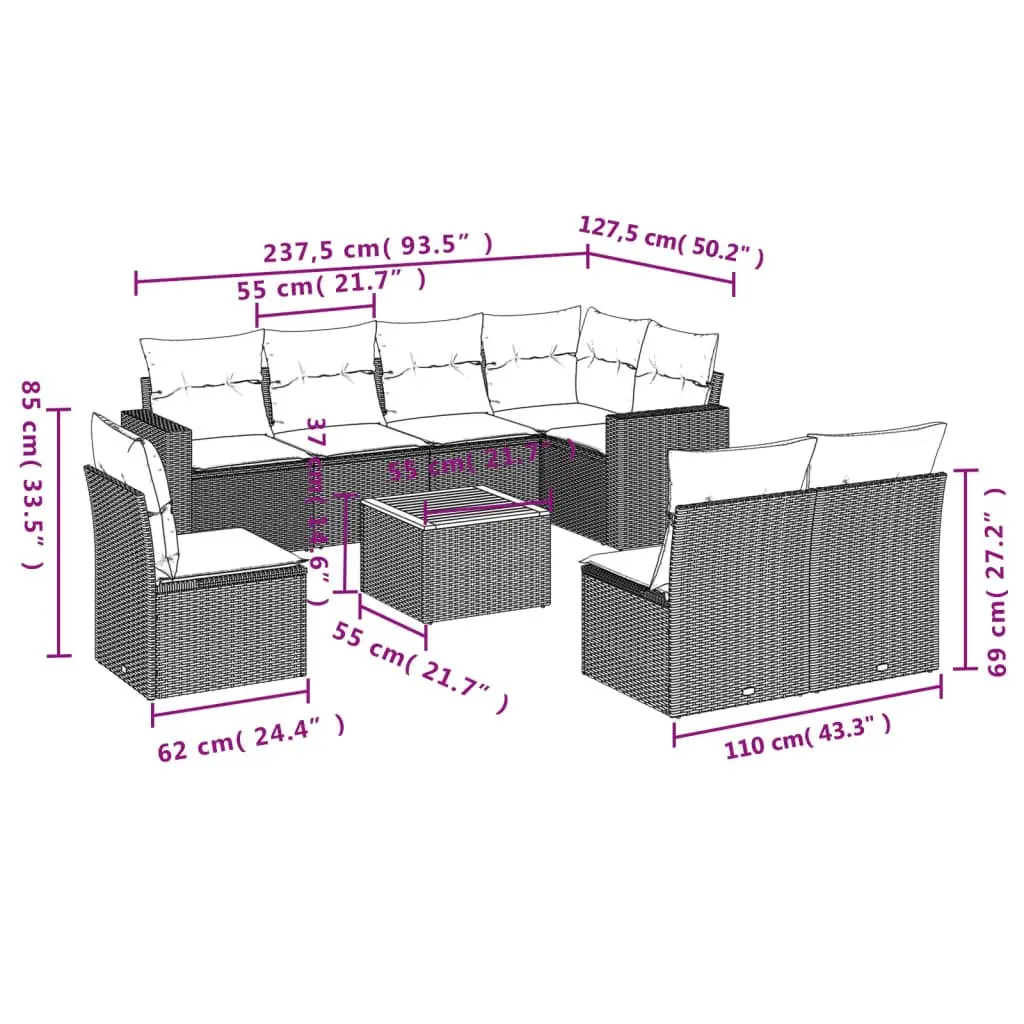 Outdoor Garden Furniture Set Beige 9 Piece Poly Rattan Sofa Lounge with Acacia Wood Table