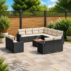 12 Piece Outdoor Garden Sofa Set with Storage Cushions Black Poly Rattan