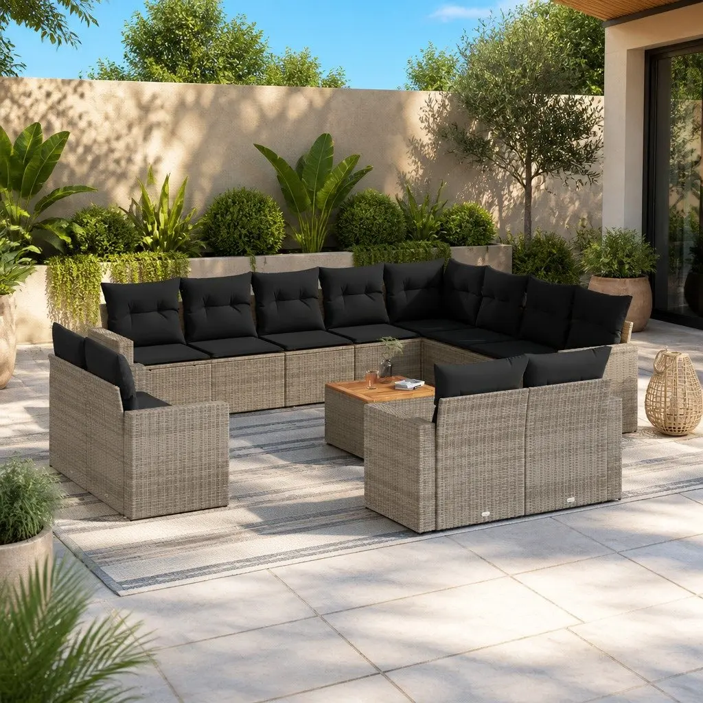 Outdoor Furniture Set 13 Piece Modular Garden Sofa Grey Poly Rattan with Removable Cushions and Water-Resistant Storage Bags