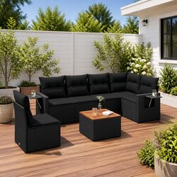 7 Piece Outdoor Garden Sofa Set with Storage Cushions Black Poly Rattan Patio