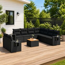 10 Piece Garden Sofa Set Outdoor Patio Furniture with Cushions Black Rattan