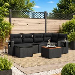 7 Piece Garden Sofa Set Black Poly Rattan Outdoor Patio Furniture with Cushions