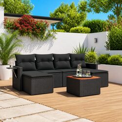 7 Piece Garden Sofa Set with Cushions Black Poly Rattan Outdoor Patio Furniture