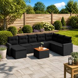 9 Piece Outdoor Garden Sofa Set with Storage Cushions Black Poly Rattan Patio