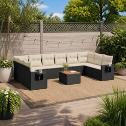 Garden Sofa Set 11 Piece Outdoor Patio Furniture Black Poly Rattan with Cushions