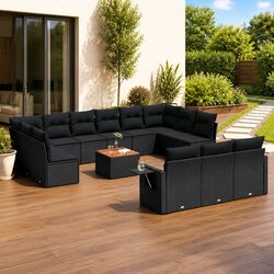 Garden Sofa Set 14 Piece Outdoor Furniture Black Poly Rattan Modular Patio