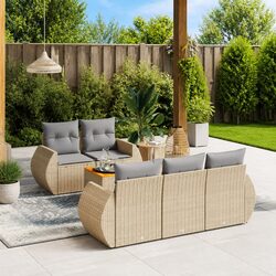 Outdoor Garden Sofa Set 6 Piece with Cushions Beige Poly Rattan Patio Furniture