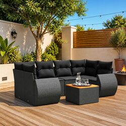 7 Piece Outdoor Garden Sofa Set with Storage Cushions Black Poly Rattan Patio