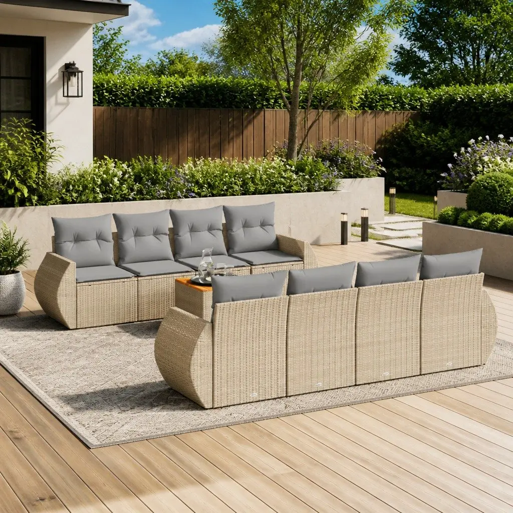 Garden Sofa Set 9 Piece Modular Outdoor Furniture Beige PE Poly Rattan with Acacia Wood Tabletop and Cushions