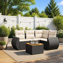 5 Piece Garden Sofa Set with Storage Cushions Black Poly Rattan Outdoor Patio