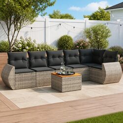 Garden Sofa Set 7 Piece Outdoor Furniture Grey Poly Rattan Patio Lounge Cushions