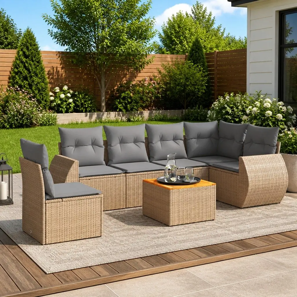Garden Sofa Set 7 Piece Outdoor Furniture Patio Beige Poly Rattan Modular