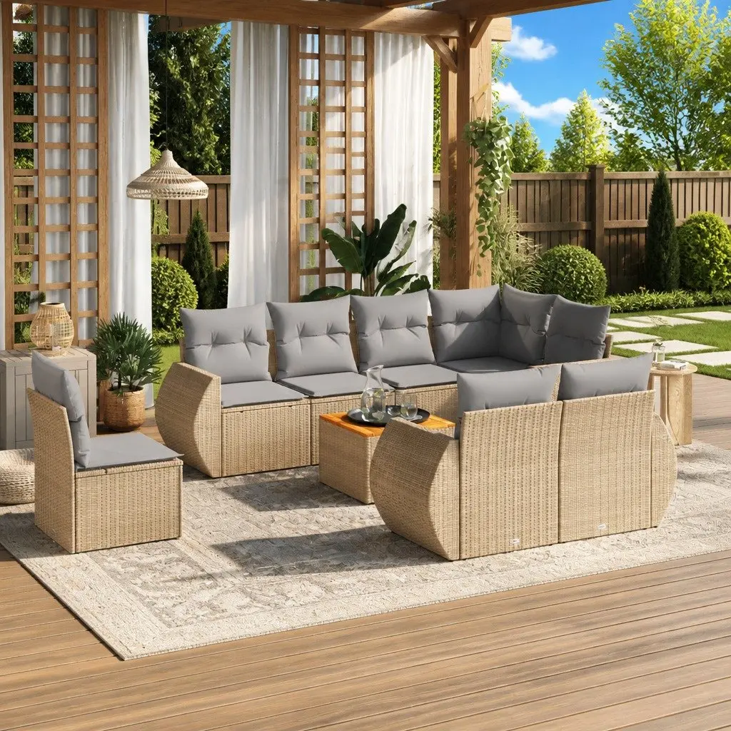 Garden Sofa Set 9 Piece Outdoor Furniture Beige Poly Rattan Patio Seating with