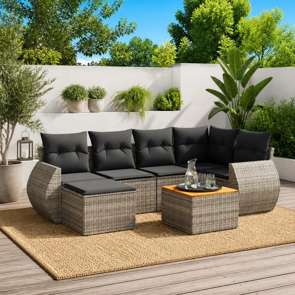 7 Piece Outdoor Grey Rattan Sofa Set with Acacia Wood Tabletop and Storage Cushions