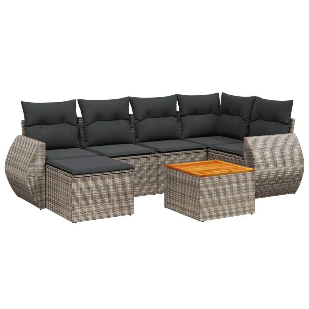 7 Piece Outdoor Grey Rattan Sofa Set with Acacia Wood Tabletop and Storage Cushions
