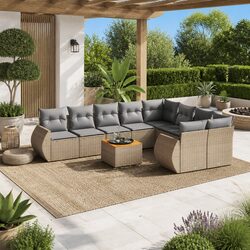 Garden Sofa Set 10 Piece Outdoor Furniture Beige Poly Rattan Patio Lounge with