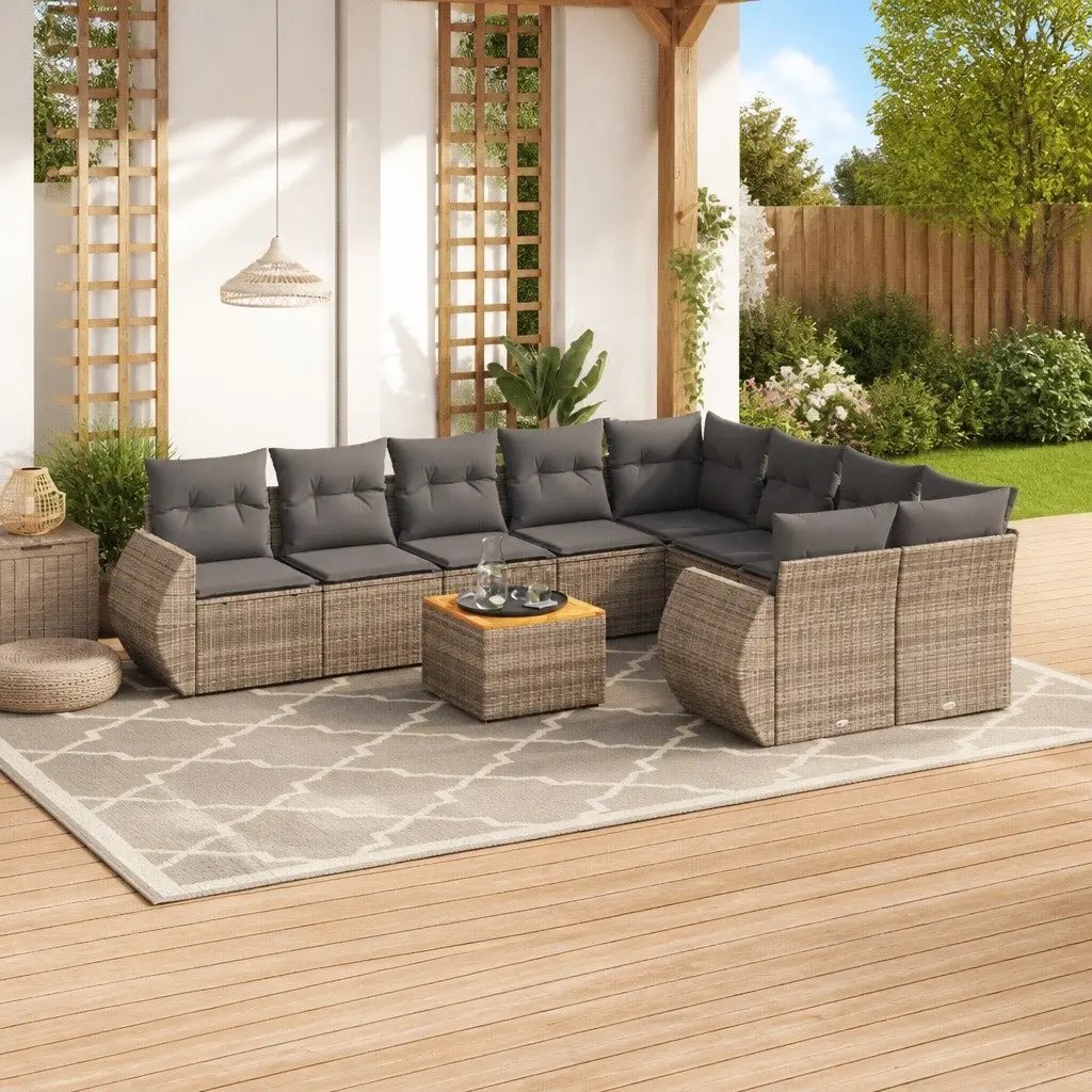 Modular Outdoor Furniture Set Grey Poly Rattan Garden Sofa 10 Piece with Acacia Wood Tabletop and Padded Cushions