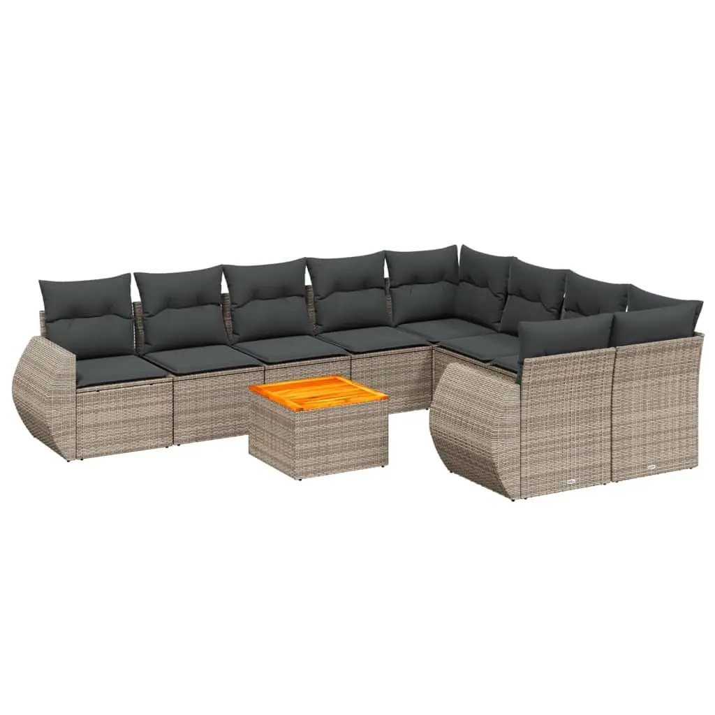 Modular Outdoor Furniture Set Grey Poly Rattan Garden Sofa 10 Piece with Acacia Wood Tabletop and Padded Cushions