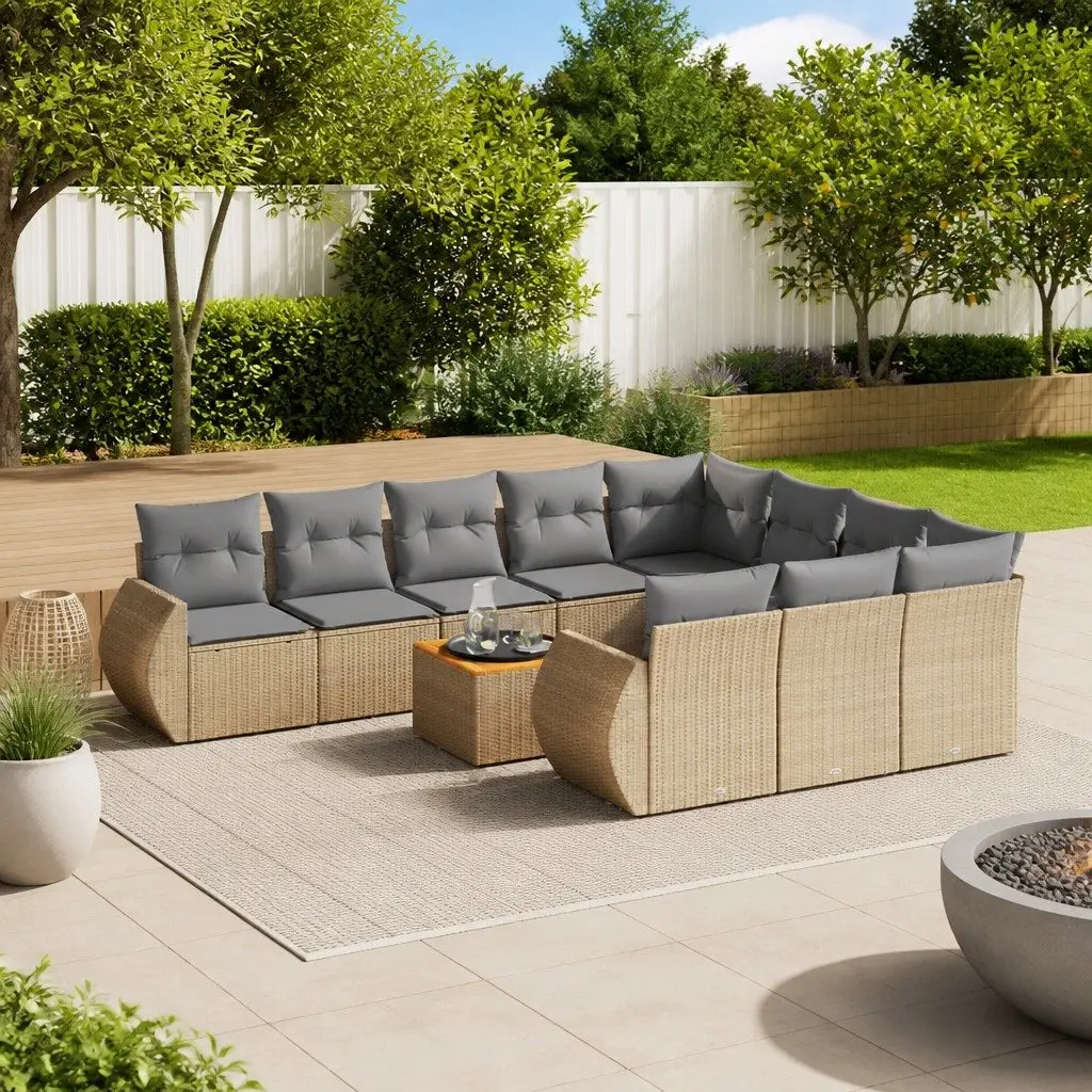 Garden Sofa Set 11 Piece Outdoor Furniture Patio Beige Rattan Modular Sectional